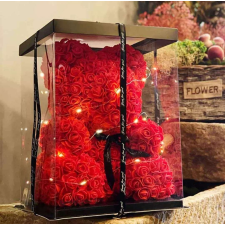  Rózsa maci, örök virág maci 40 cm díszdobozzal - piros + LED világítás ajándéktasak