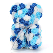  Rózsa maci, örök virág maci díszdobozban 25 cm - kék-fehér mix ajándéktasak