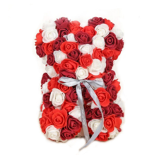  Rózsa maci, örök virág maci díszdobozban 25 cm - piros-fehér-bordó ajándéktárgy