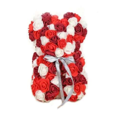  Rózsa maci piros-fehér-bordó díszdobozban - 25 cm ajándéktárgy