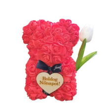  Rózsa maci piros színben díszdobozban fehér gumi tulipánnal - 25 cm ajándéktárgy