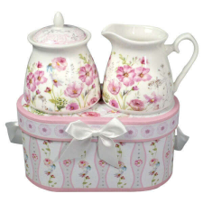 Rózsaszín virágos porcelán cukortartó és tejkiöntő - díszdobozos bögrék, csészék