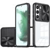  Samsung Galaxy A33 5G SM-A336B, Műanyag hátlap + szilikon keret, átlátszó akril hátlap, kamera védelem, Wooze Trendy, fekete