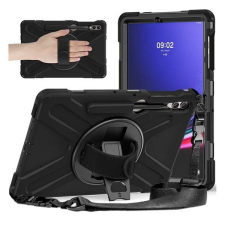  Samsung Galaxy Tab S9 FE Plus (12.4) SM-X610 / X616B, Műanyag hátlap védőtok, szilikon belső, kitámasztóval, kézpánt, vállpánt, Defender, fekete tablet kellék
