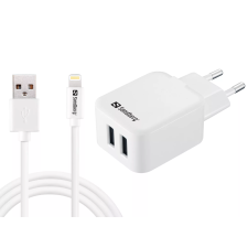 SANDBERG AC Charger EU Lightning 2.4A 2x USB-A Hálózati töltő - Fehér mobiltelefon kellék
