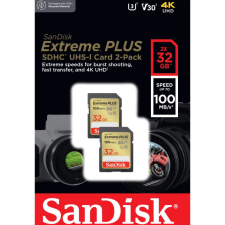 Sandisk 32GB SDHC Sandisk Extreme Plus memória kártya CL10 U3 V30 2db/cs (SDSDXWT-032G-GNCI2) memóriakártya