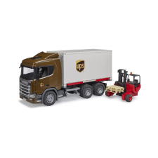 Scania ups logisztikai teherautó targoncával autópálya és játékautó