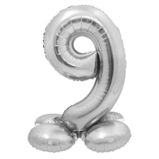 Silver, Ezüst 9-es szám fólia lufi talppal 72 cm party kellék