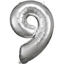  Silver óriás szám fólia lufi 9-es, 83x58 cm party kellék