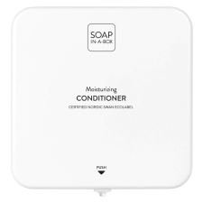 Soap-In-A-Box fényes fehér hajkondicionáló adagoló, előlap hajbalzsam