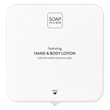  Soap-In-A-Box fényes fehér kéz- és testápoló adagoló, előlap testápoló