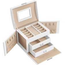 Songmics Ékszertartó doboz 2 fiókkal és tükörrel, fehér 17x13x12cm ékszerdoboz