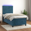  sötétkék bársony rugós és LED-es ágy matraccal 90x190 cm