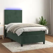  sötétzöld bársony rugós és LED-es ágy matraccal 90x190 cm ágy és ágykellék