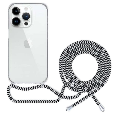 SPELLO Crossbody iPhone 15 Pro átlátszó tok fekete-fehér zsinórral tok és táska