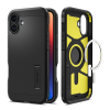 Spigen Apple iPhone 16, Szilikon tok + műanyag hátlap, Magsafe töltővel kompatibilis, kitámasztóval, Spigen Tough Armor Mag, fekete