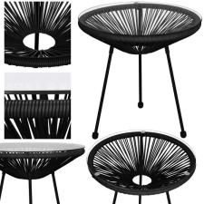 Springos Fekete kerti rattan oldalasztal 50 cm üveglappal, 3 lábbal kerti bútor