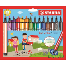 STABILO Filctoll készlet, 1,5-2 mm, rugós hegy, STABILO "Trio Scribbi", 14 különböző szín filctoll, marker