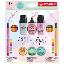 STABILO Írószer szett, STABILO, "Mini World Pastellove", 18 különböző szín filctoll, marker