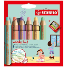 STABILO Színes ceruza készlet, kerek, vastag, STABILO &quot;Woody 3 in 1 Pastel&quot;, 6 különböző pasztell... színes ceruza