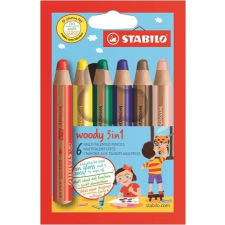 STABILO Színes ceruza készlet, kerek, vastag, STABILO &quot;Woody 3 in 1&quot;, 6 különböző szín színes ceruza