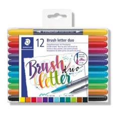 STAEDTLER Ecsetirón készlet, 0,5-0,8/1,0-6,0 mm, kétvégû, STAEDTLER "Brush letter Duo", 12 szín filctoll, marker