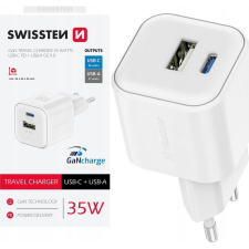 Swissten 22071200 USB-A / USB-C Hálózati Gyorstöltő Adapter 35W - Fehér (22071200) mobiltelefon kellék