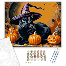 Számfestő.hu Boszorkányos Halloween Macskája - számfestő készlet – 40×50 cm (Keretre feszítve) kreatív és készségfejlesztő