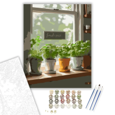 Számfestő.hu Fűszernövények Ablakpárkányon - számfestő készlet – 60×70 cm (Keretre feszítve) kreatív és készségfejlesztő