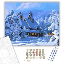 Számfestő.hu Házikó a havas tájban - számfestő készlet – 40×50 cm (Keretre feszítve) kreatív és készségfejlesztő