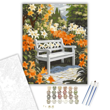 Számfestő.hu Kerti Pad Liliomokkal - számfestő készlet – 50×60 cm (Keretre feszítve) kreatív és készségfejlesztő