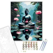 Számfestő.hu Meditáló Buddha Tükröződő Lótuszon - számfestő készlet – 80×100 cm (Keretre feszítve) kreatív és készségfejlesztő