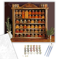 Számfestő.hu Rusztikus Fűszertartó Polc Üvegekkel - számfestő készlet – 40×50 cm (Keretre feszítve) kreatív és készségfejlesztő