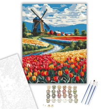 Számfestő.hu Színes Tulipánmező Szélmalommal - számfestő készlet – 40×50 cm (Keretre feszítve) kreatív és készségfejlesztő