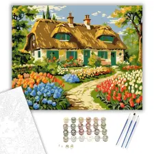 Számfestő.hu Virágos Kunyhó Idillje - számfestő készlet – 50×60 cm (Keret nélkül) kreatív és készségfejlesztő