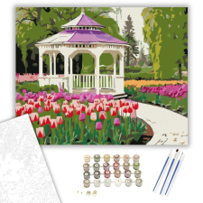 Számfestő.hu Virágzó Tulipánkert Fapavilonnal - számfestő készlet – 40×50 cm (Keretre feszítve) kreatív és készségfejlesztő