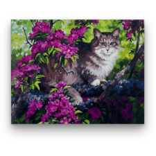 Számfestő Macska a virágzó fán - előszínezett számfestő készlet (50x65cm) kreatív és készségfejlesztő