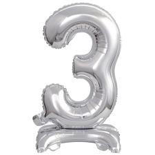 Számok Silver, Ezüst mini 3-as szám fólia lufi talppal 38 cm party kellék