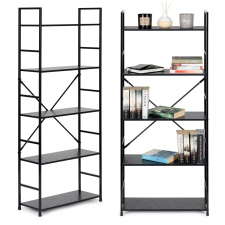 Széles modern LOFT fa könyvespolc 5 polccal, fekete ModernHome bútor
