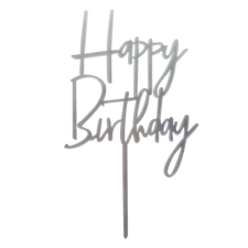 Sziluett tortadekoráció – Happy Birthday felirat – Ezüst party kellék