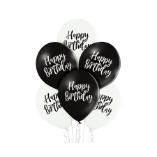 Születésnap Black White Happy Birthday léggömb, lufi 6 db-os 12 inch (30cm) party kellék