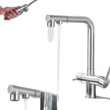  Szűrött vízkonyhák csaptelep, kettős fogantyú, 360 ° forgó, kihúzható spray, Szálcsiszolt nikkel csaptelep