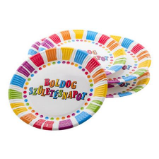 . Tányér, papír, 23 cm, "boldog születésnapot", csíkos-pöttyös f44312109 party kellék