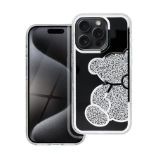 Teddy Bear iPhone 15 Pro csillogó köves tok, ezüst tok és táska