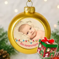 TeeInBlue Egyedi képes arany karácsonyi gömbdísz fényfüzéres minta Arany gömbdísz / KARÁCSONYI DOBOZ / ARANY ajándéktárgy