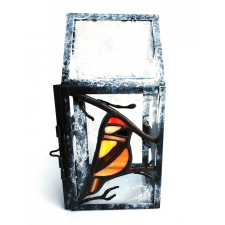  Téli madaras házikó alakú Tiffany üveg lámpás 9×19  cm ajándéktárgy