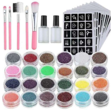  Tetoválás szett gyerekeknek, 24db színes csillámporral, sablonokkal, ecsetekkel és ragasztókkal kreatív és készségfejlesztő