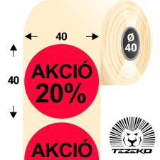 Tezeko 40 mm-es kör, papír címke, fluo piros színű, Akció 20% felirattal (1000 címke/tekercs) etikett