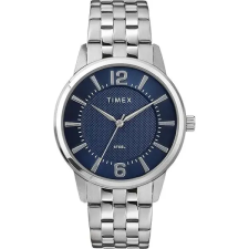  Timex férfi kvarc karóra, kék számlap, ezüst acél szíj, WR30 karóra