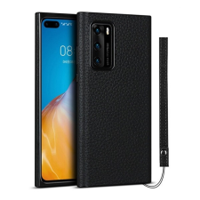 TokShop Huawei P40, Szilikon tok, valódi bőrrel bevont hátlap, fekete tok és táska